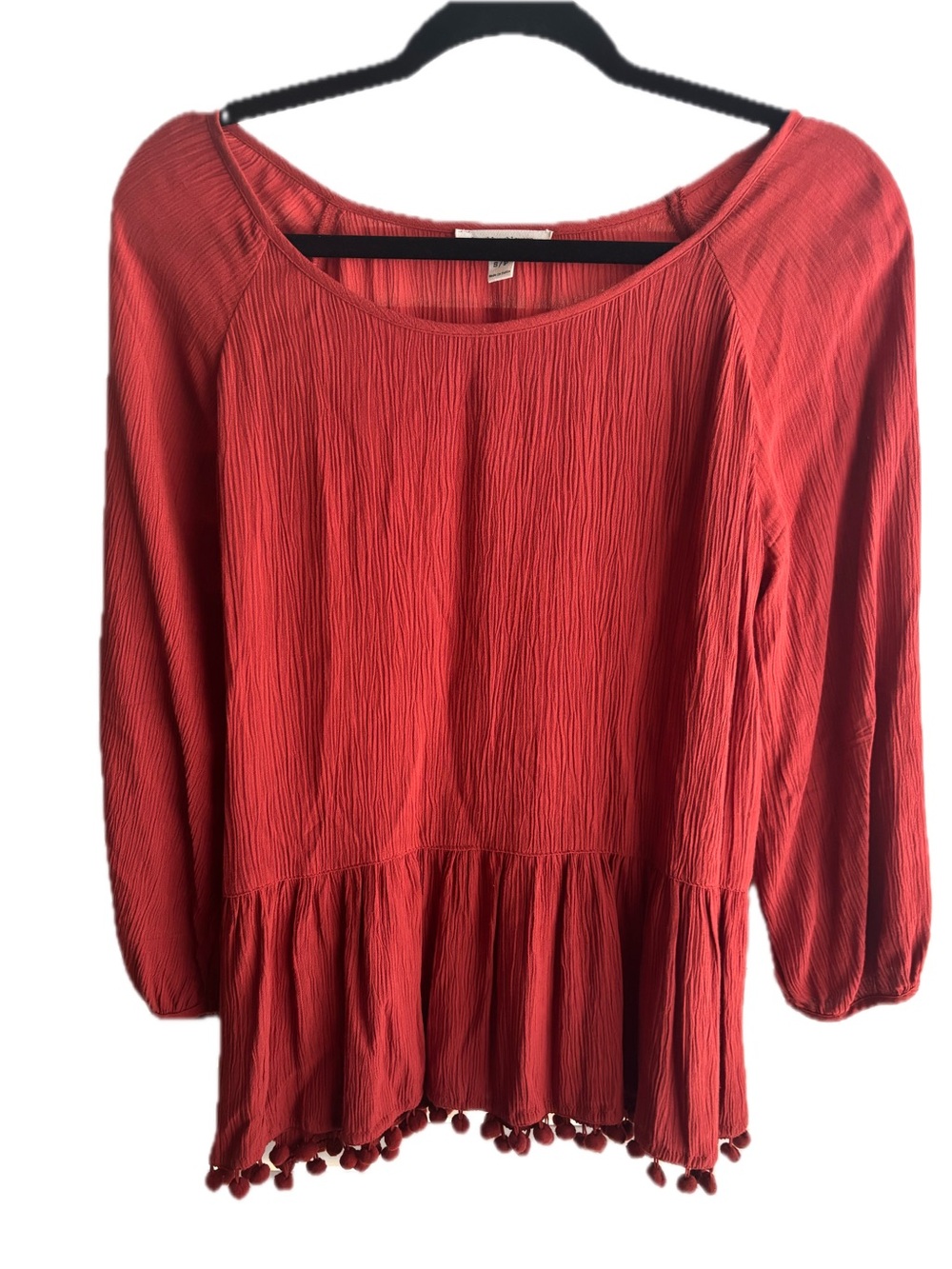 beachlunchlounge Rust Pom-Pom Hem Peplum Blouse